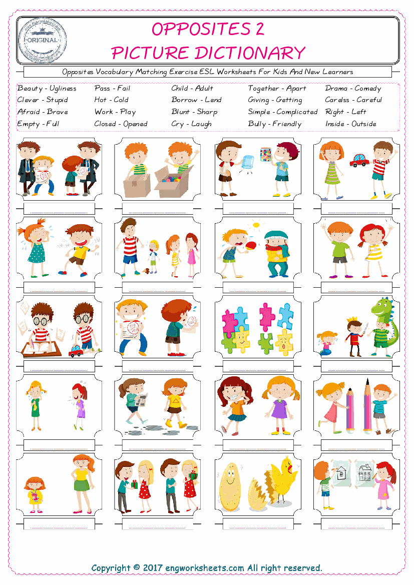  Opposites for Kids ESL Word Matching English Exercise Worksheet. 